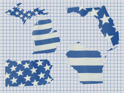 Editorial illustration showing US state outlines filled with American flag stars and stripes patterns in blue and white on a grid background.