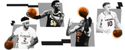 Editorial collage of four college basketball players in black-and-white with orange-highlighted basketballs, representing Florida State, Purdue, Oklahoma State, and Virginia.