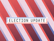 Decorative editorial header graphic reading Election Update with red and blue diagonal stripes on a grid background.