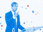 Blue-tinted editorial illustration of a man speaking at a podium, surrounded by red and blue stars on a grid background.