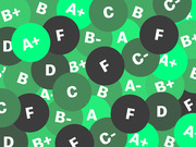 Decorative illustration of overlapping green and dark circles covered with letter grades ranging from A+ to F in white text.
