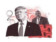 Editorial collage illustration featuring two men in suits alongside handcuffs and judge's gavels against a red swirling background.