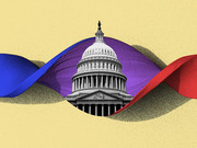 Editorial illustration of the US Capitol building framed by intertwining blue and red ribbons on a yellow background, symbolizing political division.