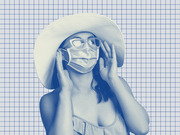 Blue-tinted editorial illustration of a woman wearing a wide-brim sun hat, glasses, and a surgical face mask against a grid background.