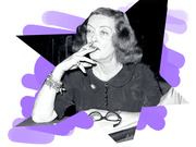Editorial collage of a black-and-white vintage photo of a woman smoking, layered over purple blob shapes and dark geometric star forms.
