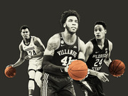 Stylized editorial composite of three college basketball players in Vanderbilt, Villanova, and Florida State uniforms against a dark background.