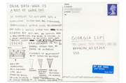 Dear Data Week 03 postcard from S. Posavec to Giorgia Lupi tracking a week of thank-yous with a hand-drawn data visualization legend explaining the chart encoding.
