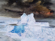 Surreal composite illustration of icebergs and glacial ice under a dramatic starry night sky with colorful nebula clouds.