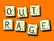 Illustrated Scrabble tiles spelling out OUTRAGE on an orange background.