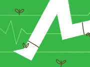 Editorial illustration showing white zigzag arrow shapes resembling running legs on a green background with small plant sprouts and a heartbeat line.