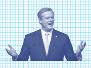 Blue-tinted editorial illustration of a man in a suit gesturing with both hands open, set against a blue grid background in FiveThirtyEight style.
