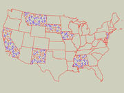 US map with red and blue arrow symbols scattered across select states, likely indicating directional trends or partisan shifts by state.