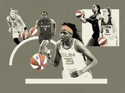 Editorial collage of WNBA players from teams including the Connecticut Sun, Atlanta Dream, and Seattle Storm on a green grid background.