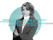 Editorial collage illustration of a woman in a blazer over a teal circle with census data background and repeating cyan and gray text reading SURVEY SAYS.