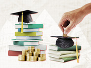 Editorial illustration showing stacks of books with graduation caps and gold coins, with a hand inserting a coin into a mortarboard used as a piggy bank, symbolizing college costs.
