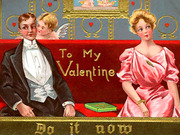 Vintage Valentine's Day illustration showing a man in a tuxedo and a woman in a pink dress seated on a red sofa with a cupid and hearts in the background.