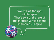 Green editorial graphic with a speech bubble quote about the Champions League and an Adidas UEFA Champions League soccer ball illustration.