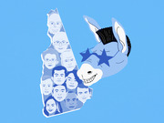 Editorial illustration showing the state of New Hampshire filled with illustrated faces of Democratic presidential candidates, alongside a cartoon Democratic Party donkey with star-shaped eyes.