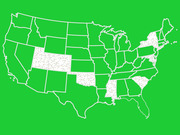 US map with most states filled green and several states highlighted in white with a hatched pattern, indicating a data distinction between state groups.