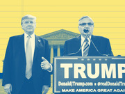 Duotone editorial illustration showing two men at a Trump campaign podium in front of the Supreme Court building on a yellow lined background.