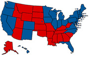US electoral map showing states colored red or blue, with a legend for small northeastern states including VT, NH, MA, RI, CT, NJ, DE, MD, and DC.