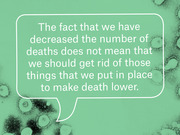 Pull quote on a green background with coronavirus microscopy images reading that decreasing deaths does not mean removing the measures that caused the decrease.