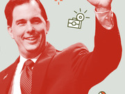 Red-tinted editorial illustration of a smiling man in a suit waving, with a decorative camera icon overlay on a light green background.