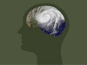 Editorial illustration of a human head silhouette in profile with a satellite image of a hurricane filling the brain area, suggesting thinking about storms.
