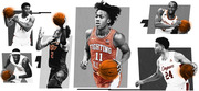 Editorial collage of six college basketball players in action poses, with the central player wearing a Fighting Illini number 11 jersey highlighted in color.