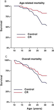 Two Kaplan-Meier survival curves comparing Control vs caloric restriction (CR) groups for age-related mortality (panel B) and overall mortality (panel C) over age in years.