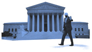 Blue-tinted editorial illustration of a masked figure in a suit walking in front of the US Supreme Court building.