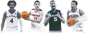 Grayscale editorial illustration of four college basketball players in Kansas, Virginia, Xavier, and Villanova uniforms with colorized basketballs.