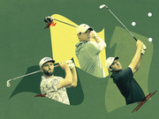 Editorial collage illustration of three golfers mid-swing against a green background with the Masters Tournament flag logo in yellow.