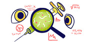 Editorial illustration showing a magnifying glass over a petri dish with microbes, surrounded by eyes, a syringe, charts, and math symbols in a colorful cartoon style.
