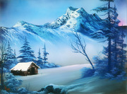 A painted winter landscape in blue tones featuring snow-covered mountains, evergreen trees, and a rustic cabin in the foreground.