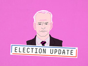 Editorial cartoon illustration of a white-haired politician on a pink background with an Election Update banner across the bottom.