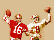 Stylized editorial illustration of two San Francisco 49ers quarterbacks wearing jerseys numbered 16 and 8, both in throwing poses against a tan background.