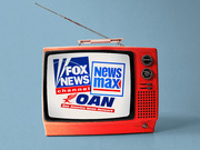 Editorial illustration of a vintage red television set displaying the logos of Fox News Channel, Newsmax, and OAN (One America News Network).