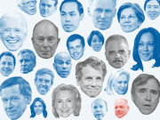 Collage of blue and red tinted headshots of various 2020 Democratic presidential candidates and potential candidates arranged on a white background.