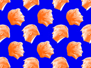 Repeating pattern of orange-tinted profile portraits of Hillary Clinton and Donald Trump on a blue background, used as editorial illustration.