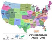AOPO 2016 map of the United States showing organ procurement organization donation service areas by region, color-coded with abbreviation codes for each DSA.