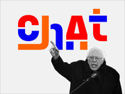Editorial illustration of Bernie Sanders speaking at a microphone overlaid with the word CHAT in large red, orange, and blue letters.