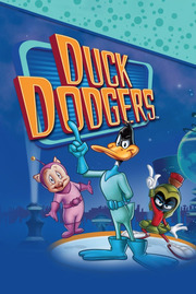 Promotional cartoon illustration for Duck Dodgers featuring Daffy Duck in a space suit flanked by Porky Pig and Marvin the Martian.