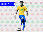 Editorial illustration for World Cup Group E featuring a Brazil number 10 player dribbling a soccer ball, with a background pattern of Group E country flag soccer balls.
