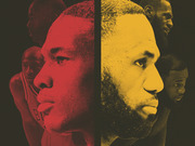 Editorial illustration showing two basketball players facing each other in red and gold tones, with supporting players visible in the background.