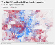 Dot density map of the 2012 Presidential Election in Houston, with each blue dot representing one Obama vote and each red dot representing one Romney vote.