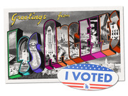 Retro-style Greetings from Los Angeles postcard illustration with colorful large letters and an I Voted sticker overlay.