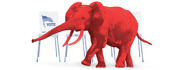 Editorial illustration of a red elephant, the Republican Party symbol, standing among voting booths labeled VOTE with an American flag.