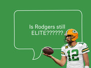 Editorial illustration of Green Bay Packers quarterback Aaron Rodgers holding a football next to a speech bubble asking if he is still elite.