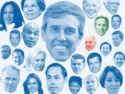 Collage of blue-tinted portrait faces of 2020 Democratic presidential candidates with Beto O'Rourke largest in the center, a few faces in green, red, or orange tints.